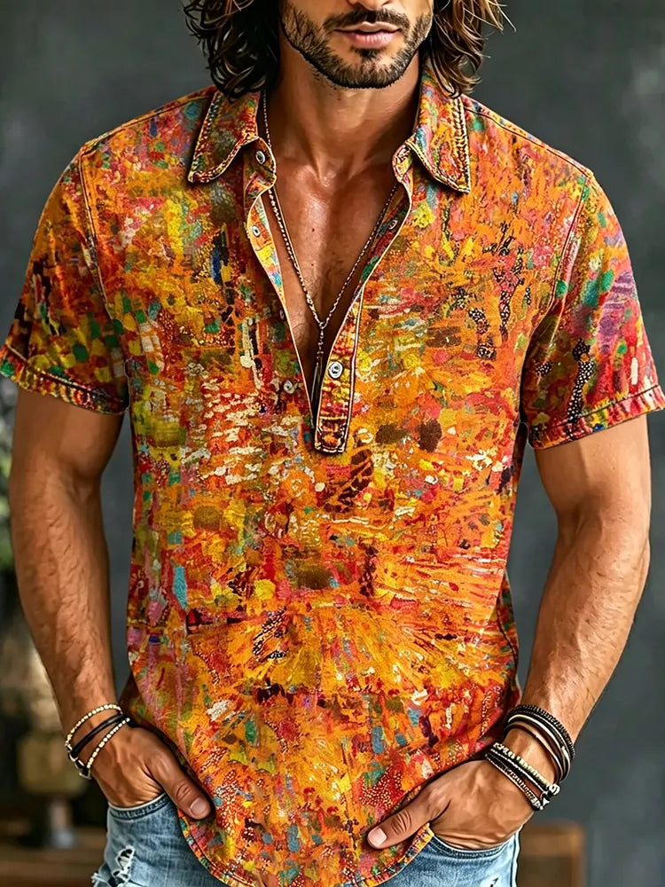 Men's Hippie Abstract Oil Painting Art Print Collared Henley Shirt