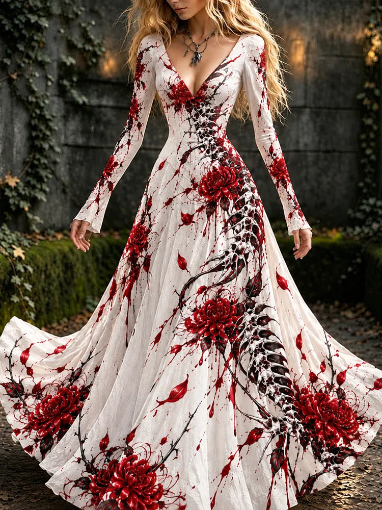 Women's Gothic Floral Blood Splatter Long Dress