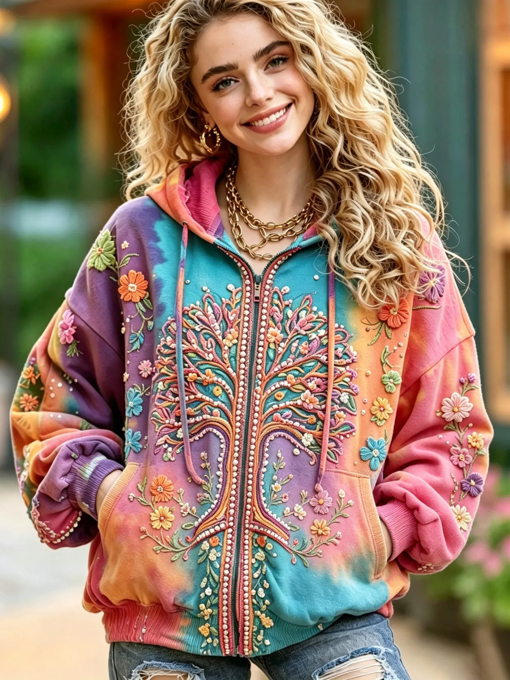 Women's Vintage Hippie Tree Of Life Floral Gradient Art Comfy Zipper Hoodie