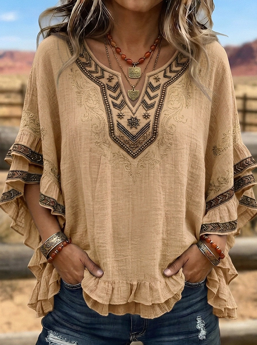 Women's Western Vintage Aztec Embroidered Ruffle Printed Top