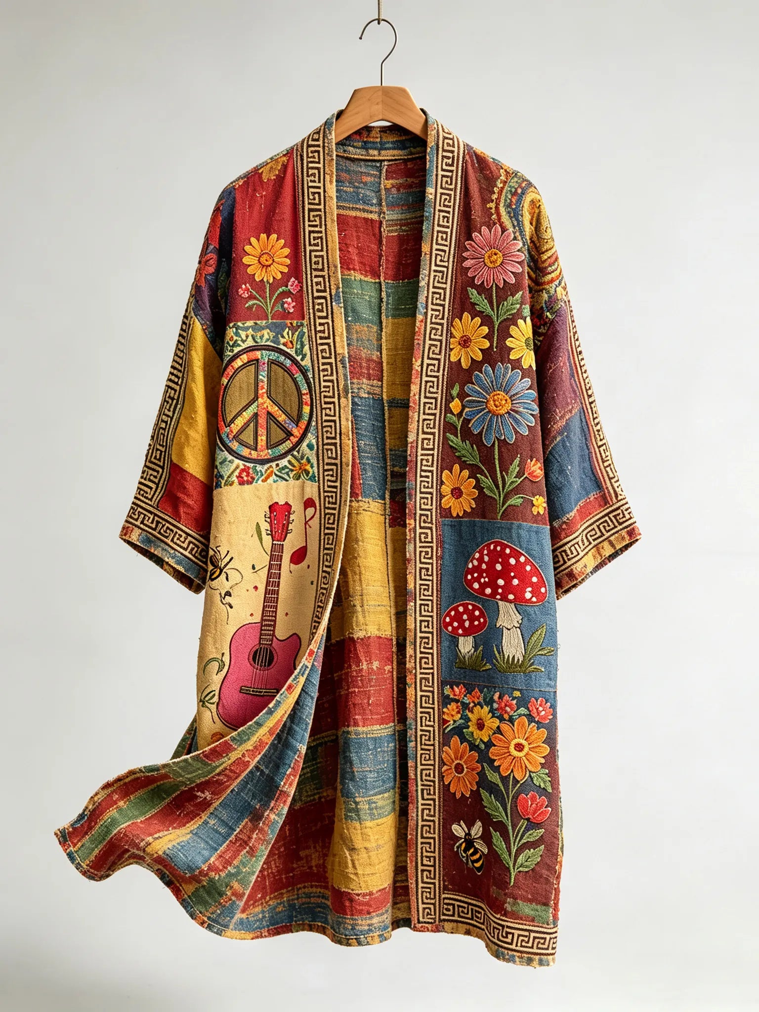 Men's Retro Hippie Peace Music Art Pattern Casual Long Cardigan
