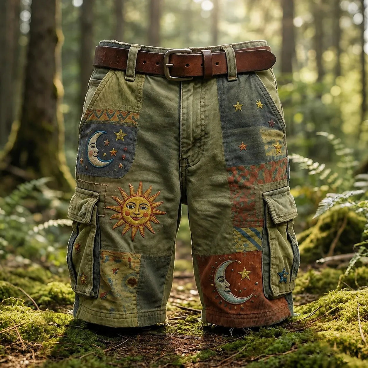Men's Patchwork Sun Moon Star Boho Art Print Denim-like Cargo Shorts(no Belt)
