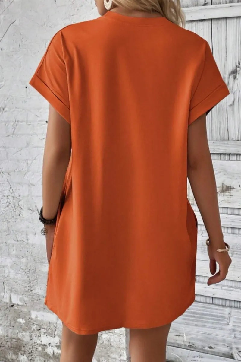 Casual Minimalist Round Neck Roll Up Sleeve Dress