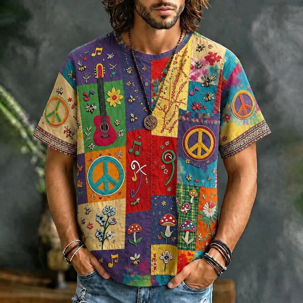 Men's Peace Sign And Guitar Hippie Patchwork Print Casual T-shirt