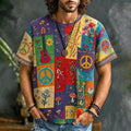 Men's Peace Sign And Guitar Hippie Patchwork Print Casual T-shirt