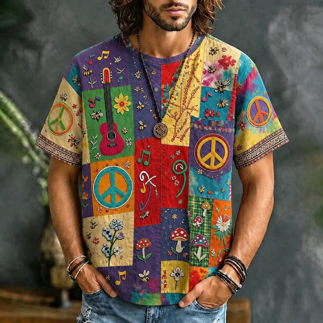 Men's Peace Sign And Guitar Hippie Patchwork Print Casual T-shirt