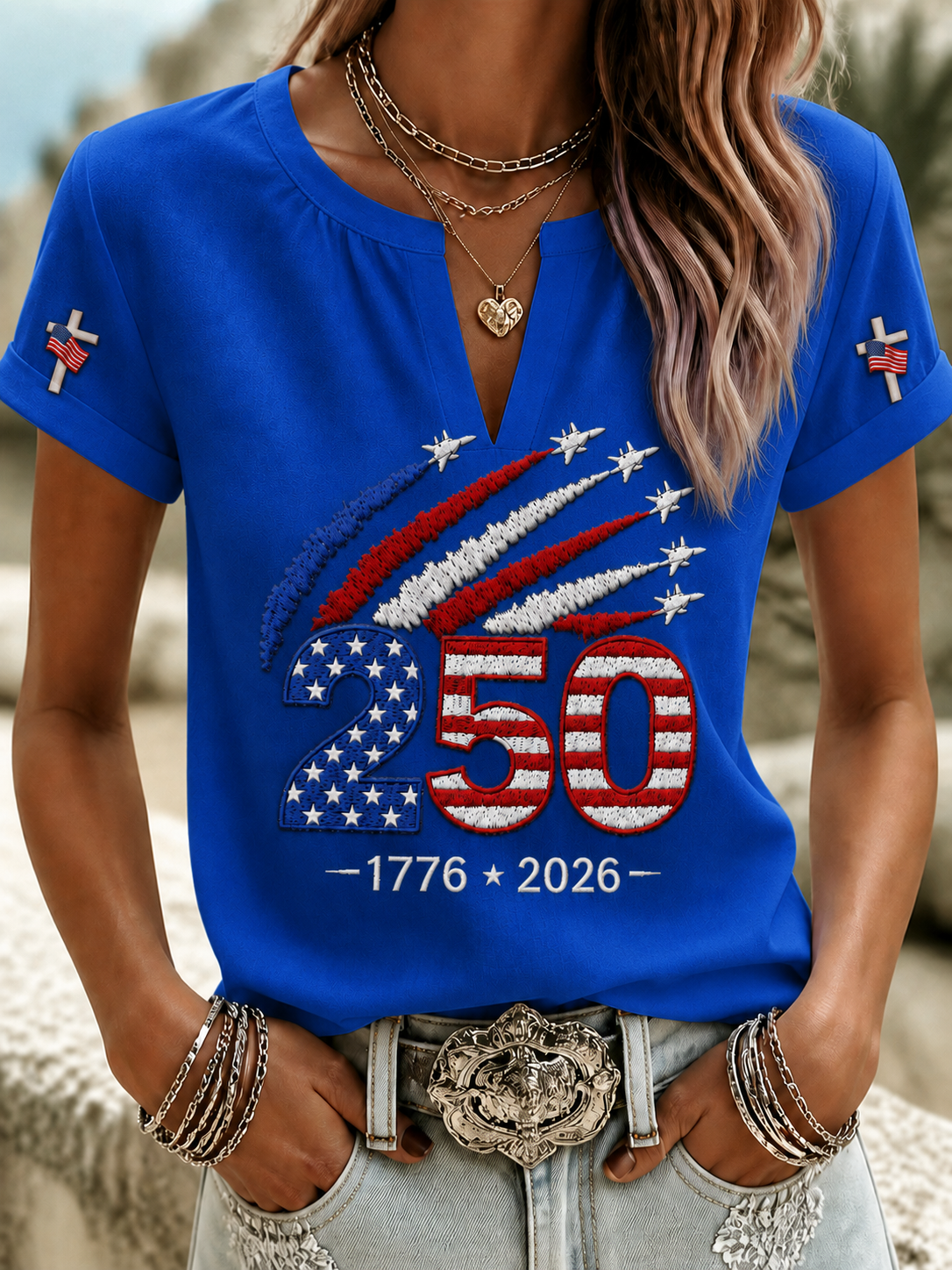 Women'S Casual Cotton Linen American Independence Day Floral Art Printed Short Sleeved T-Shirt