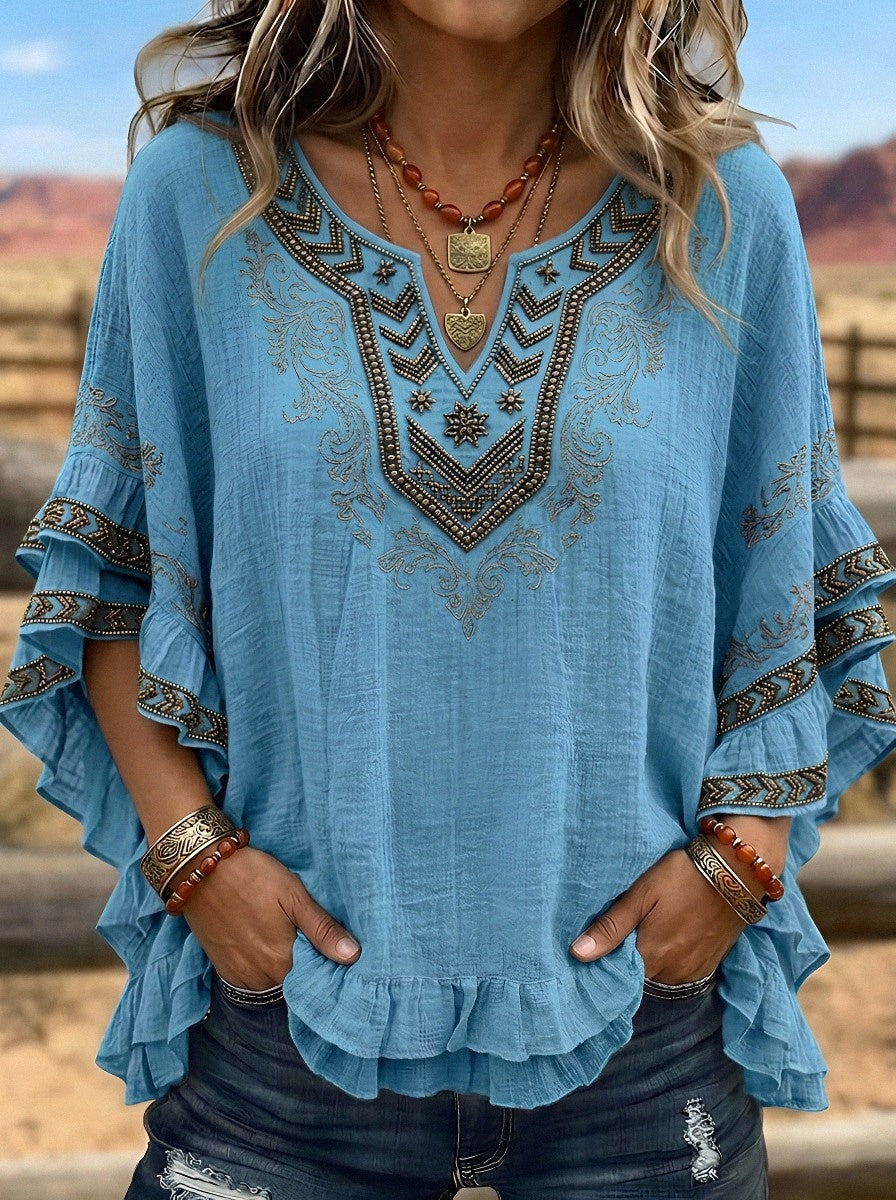 Women's Western Vintage Aztec Embroidered Ruffle Printed Top