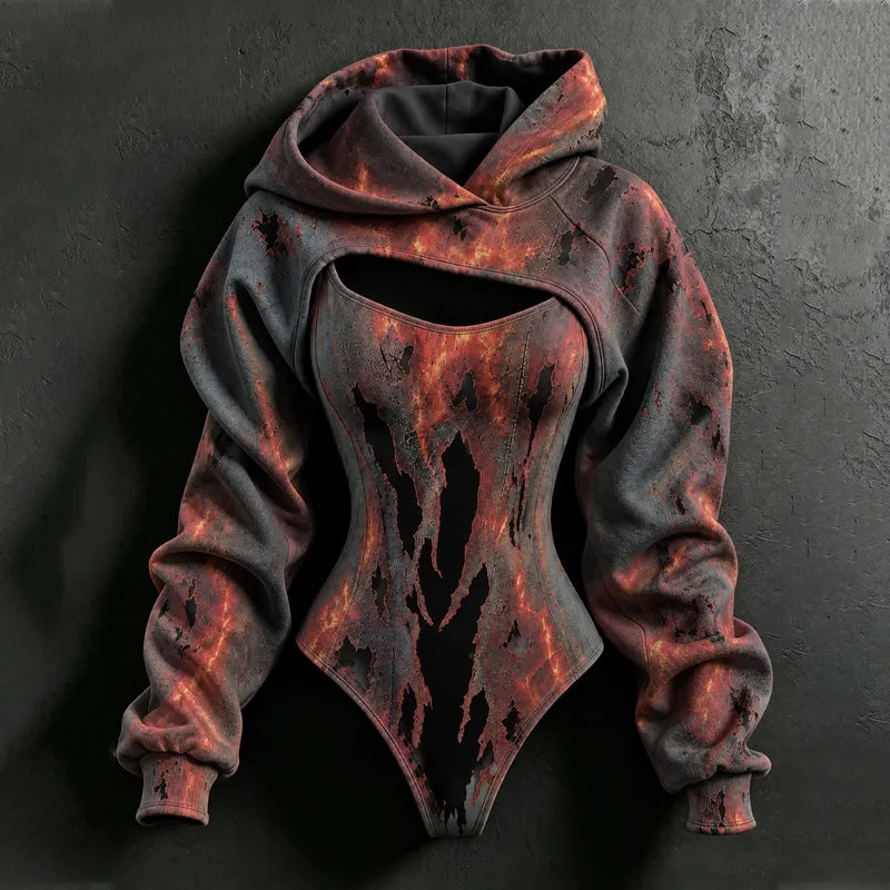 Women's Halloween Flame Burned Hole Print Hoodie Set, 2 Pieces
