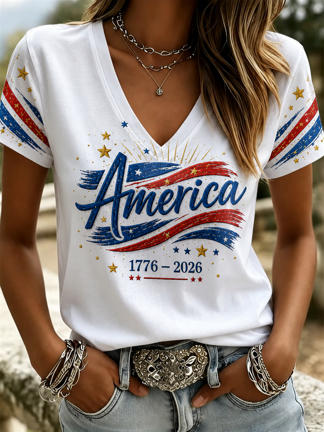250th Anniversary American Embroidery Commemorative V-neck Short sleeved T-shirt