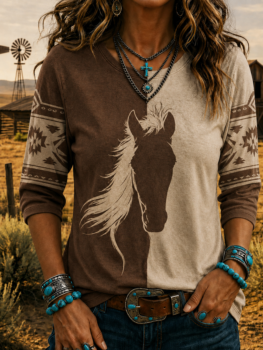 Aztec Border Horse Head Split Color 3/4 Sleeve Western Casual Top