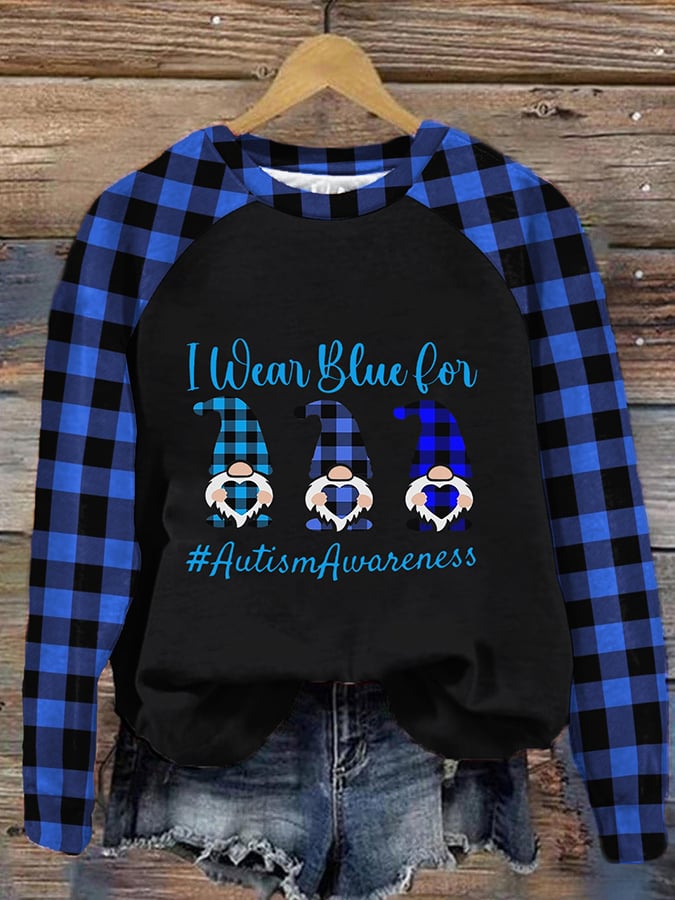 Retro Autism Awareness Gnomes Plaid I Wear Blue For Autism Awareness Print Sweatshirt
