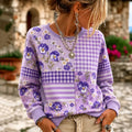 Women's Retro Floral And Plaid Patchwork Art Print Crew Neck Sweatshirt