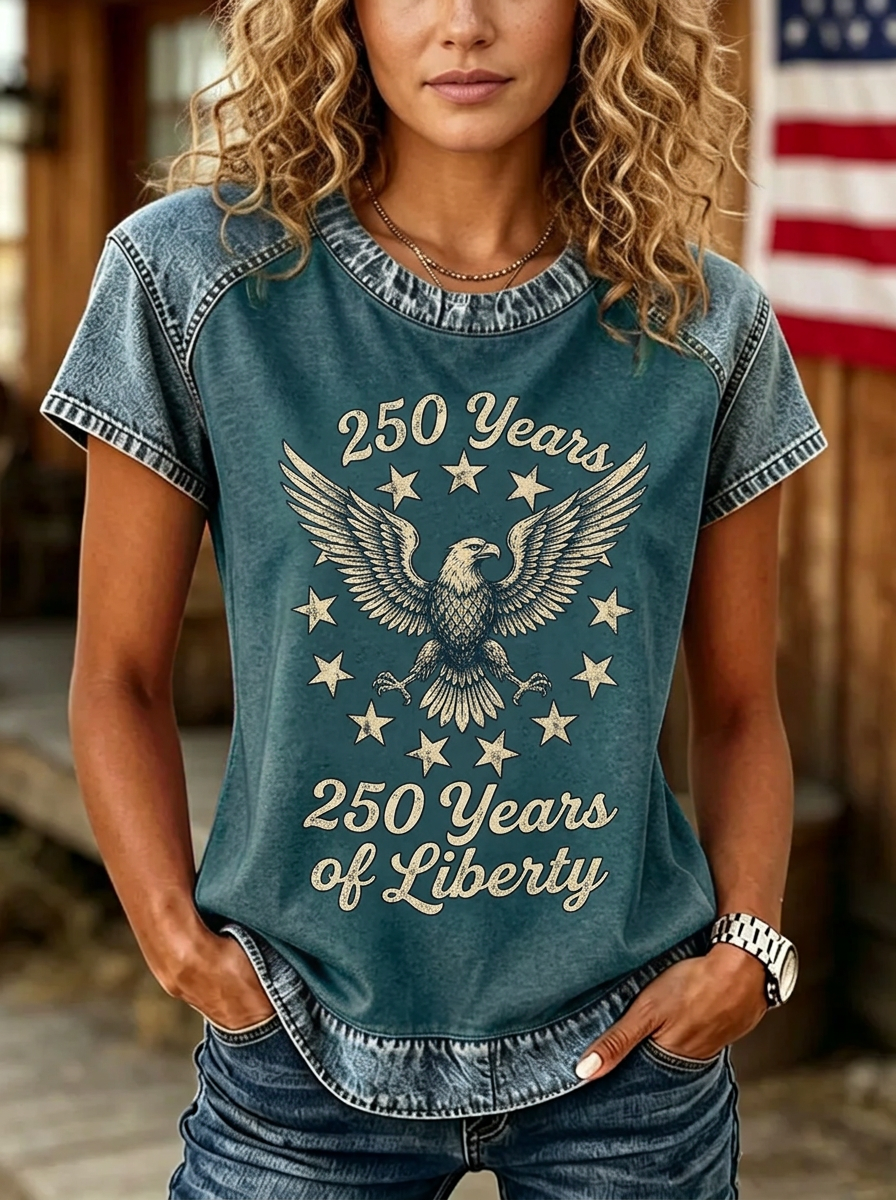 Women's Western Independence Day Eagle Stars Printed T-shirt