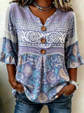 Women's Retro Floral Cotton Linen Print T-Shirt