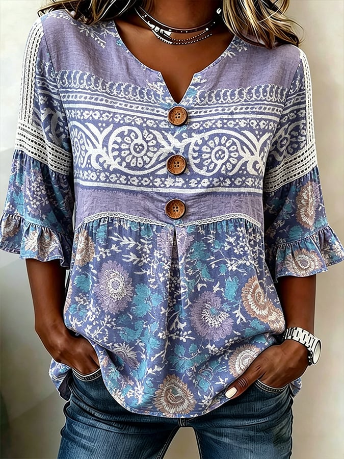 Women's Retro Floral Cotton Linen Print T-Shirt