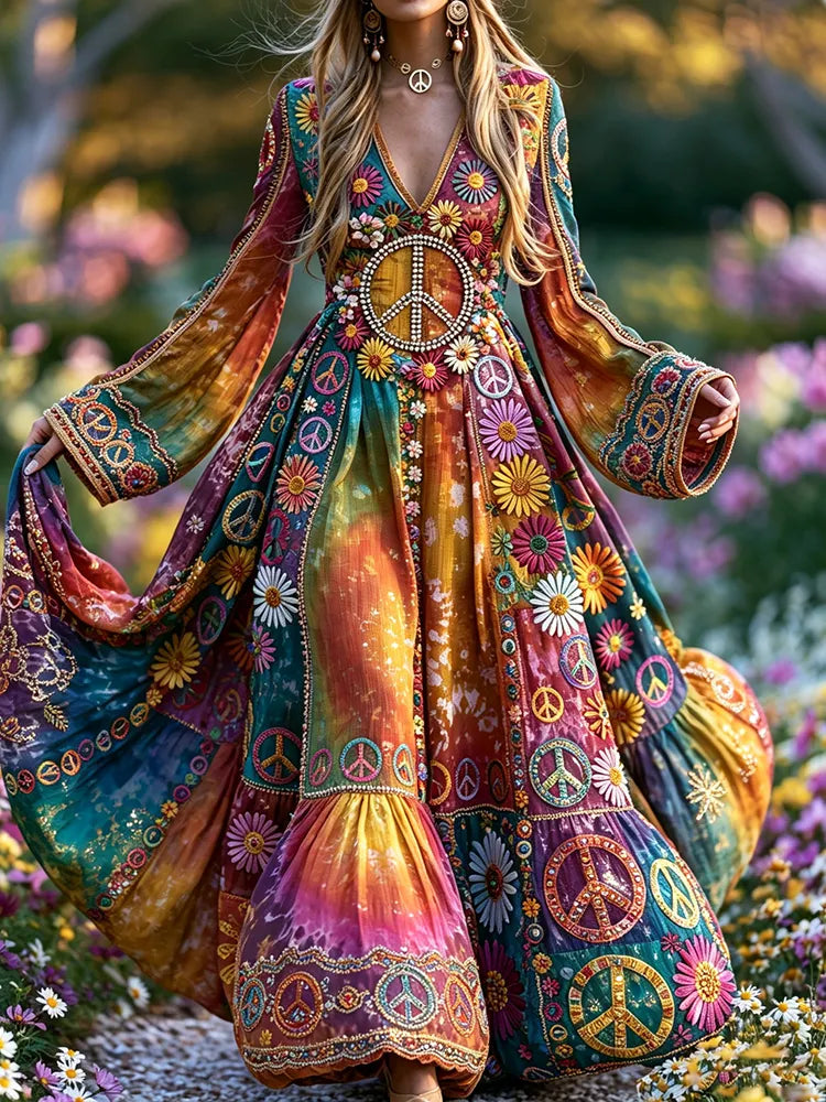 Women's Retro Floral Peace Gradient Pattern Casual Long-sleeved Dress
