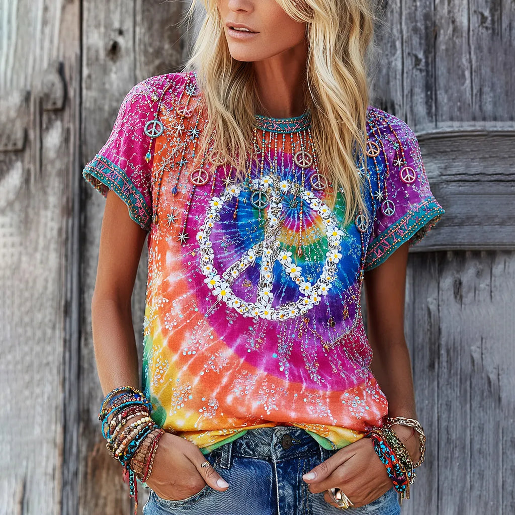 Women's Hippie Vintage Peace Sign Daisy Tie Dye Linen Blend Round Neck T-shirt