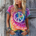 Women's Hippie Vintage Peace Sign Daisy Tie Dye Linen Blend Round Neck T-shirt