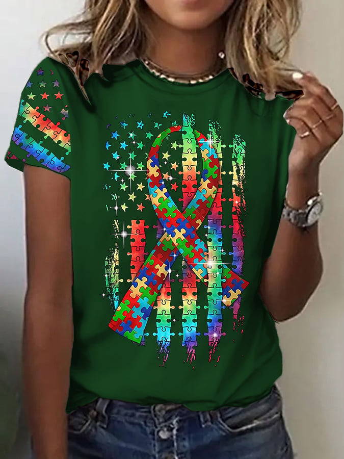 Women’s Retro Autism Awareness Colorful Puzzle Pieces Ribbon American Flag Print Short Sleeve Casual T-Shirt
