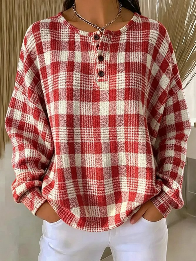 Women'S Plaid Henley Collar Casual Long-Sleeved Sweatshirt