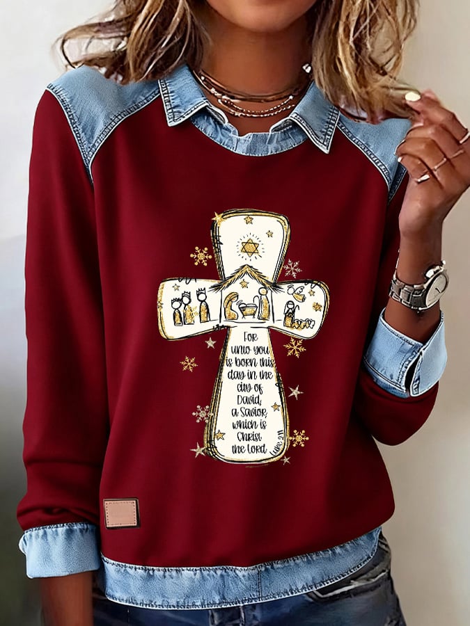 Retro Christmas For Unto You Is Born This Day In The City Of David A Savior, Which Is Christ The Lord – Luke 2:11 Printed Denim Patchwork Sweatshirt