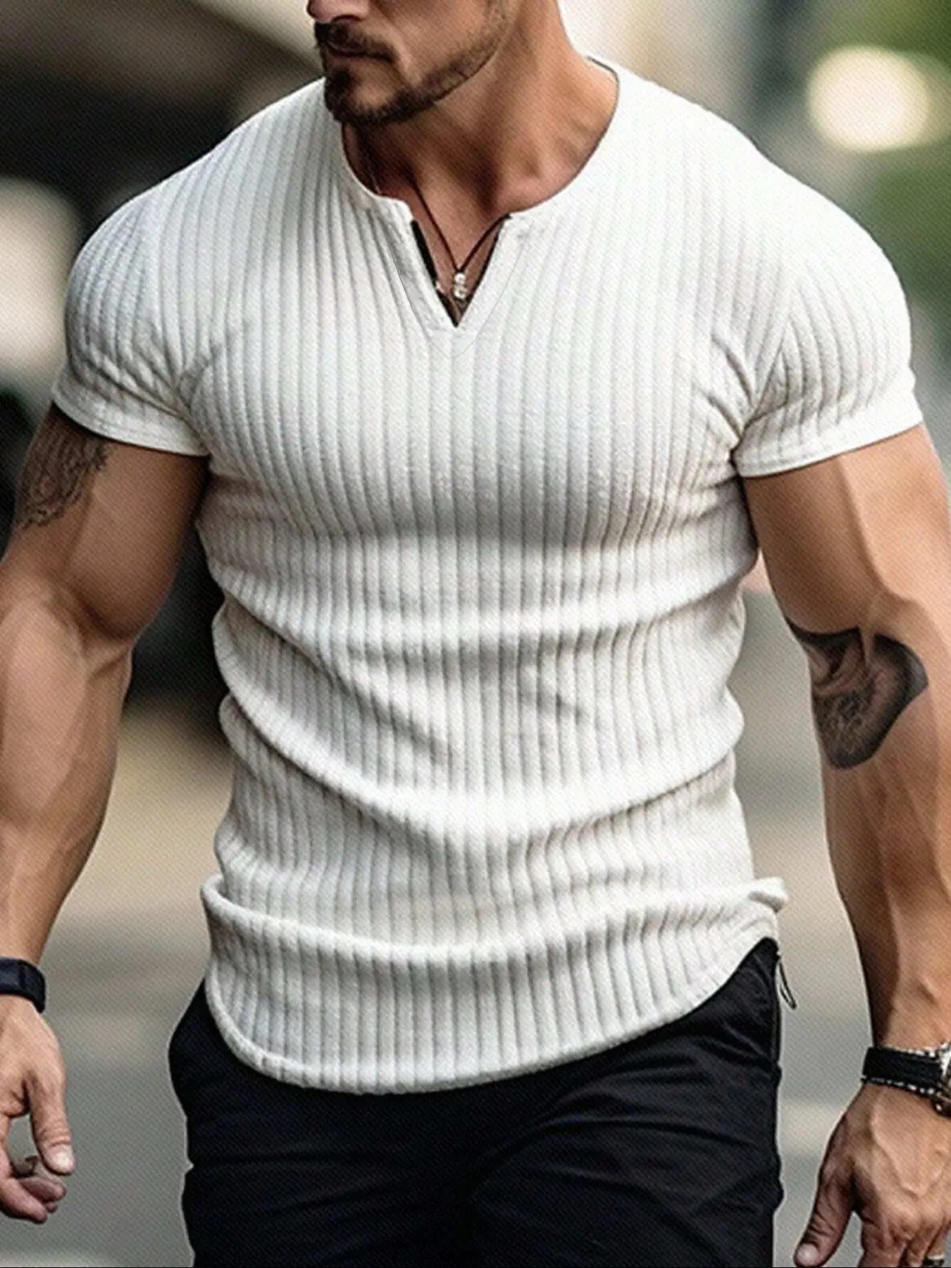 Men's Spring Summer Outfits Vertical Striped Textured V-Neck Short Sleeve T-Shirt for Daliy Wear, Gym Wear Solid Color Old Money Style