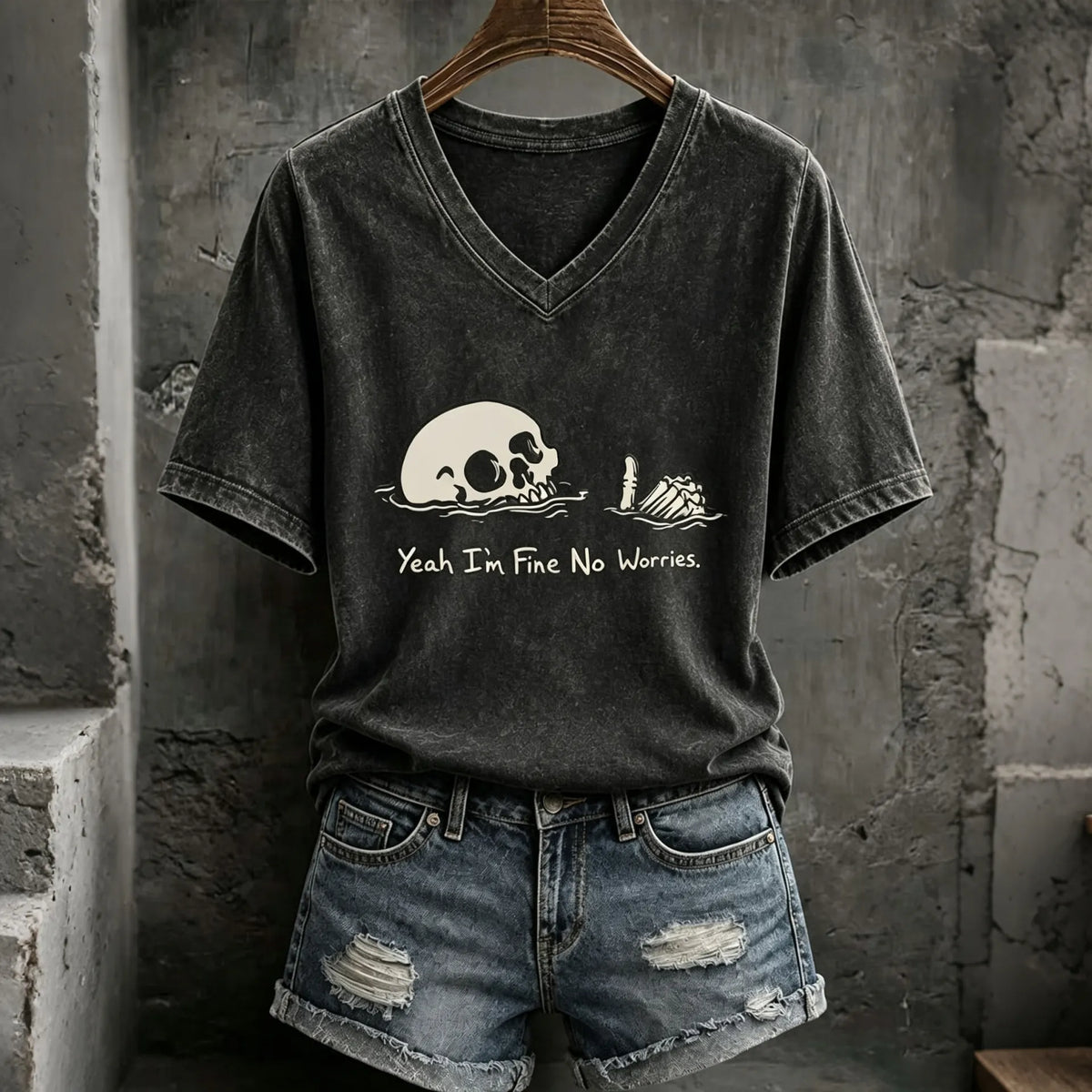 Women's Halloween Gothic Skull Print V-neck T-shirt