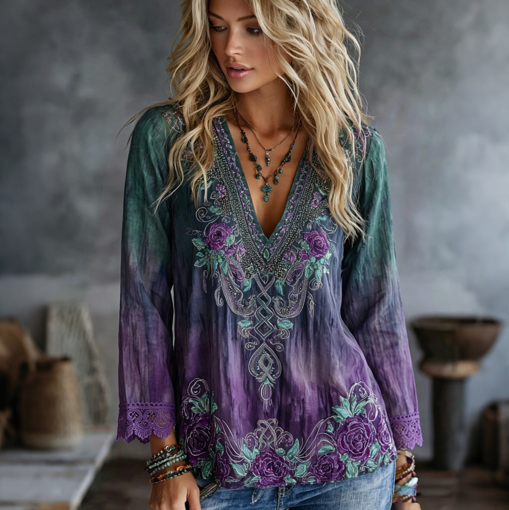 Women's Vintage Celtic Knot Floral Gradient Art Flowy Casual Cotton Linen T-shirt