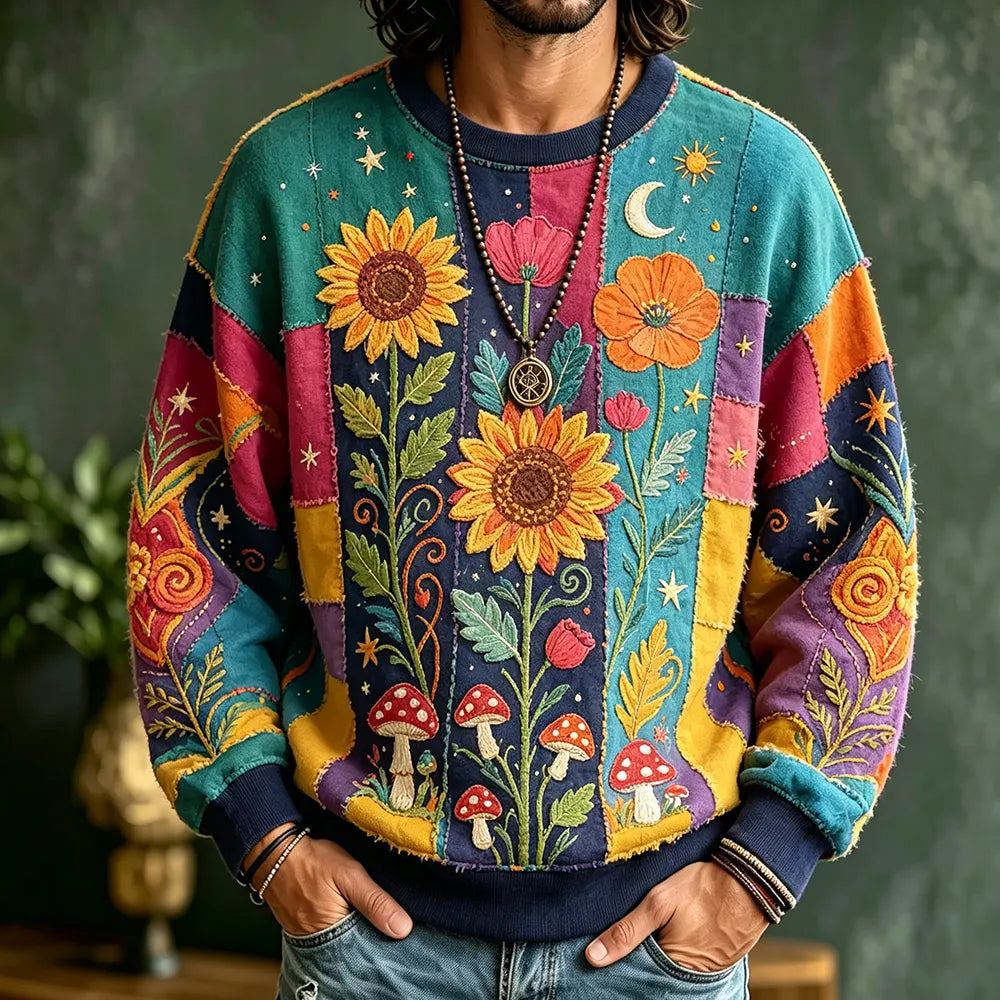 Men's Bohemian-style Patchwork Crewneck Sweatshirt, Adorned With Sunflower, Poppy, And Mushroom Embroidery.
