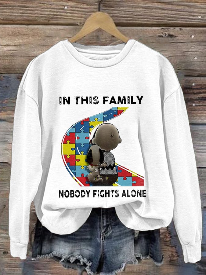 Retro Autism Awareness In This Family Nobody Fights Alone Print Sweatshirt