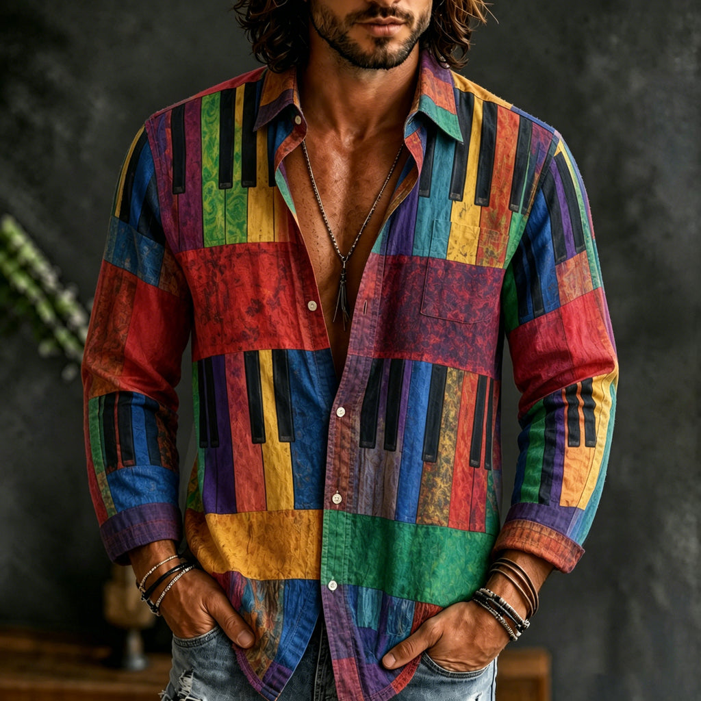 Men's Colorful Artistic Piano Key Pattern Patchwork Print Casual Long Sleeve Linen Shirt