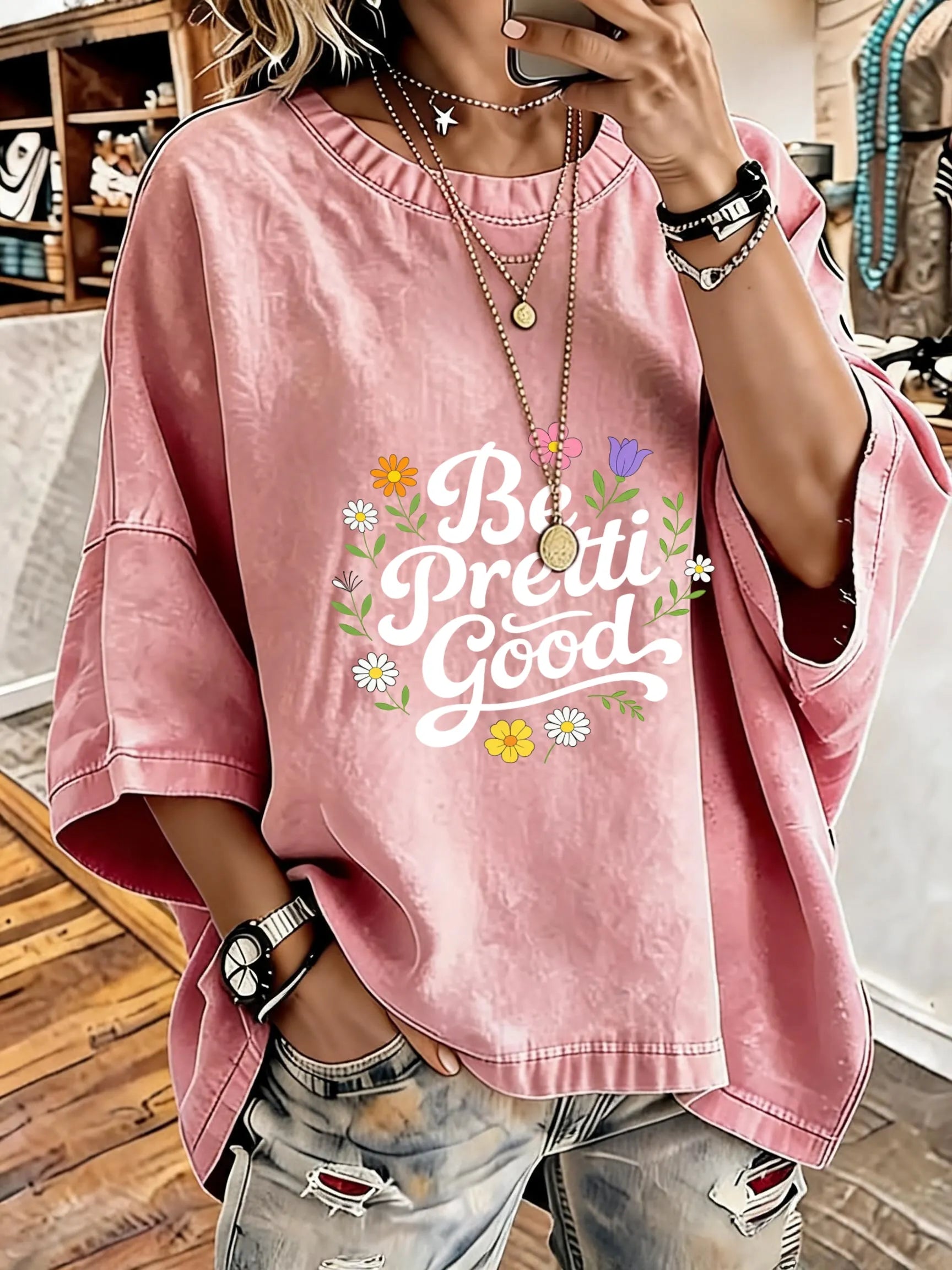 Women'S Vintage Distressed Washed Be Pretti Good Oversized T-Shirt