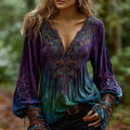 Women's Vintage Viking Celtic Knot Art Gradient Pattern V-neck Shirt