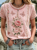 Women's Casual Retro Short-Sleeve Top with Floral Breast Cancer Awareness Print