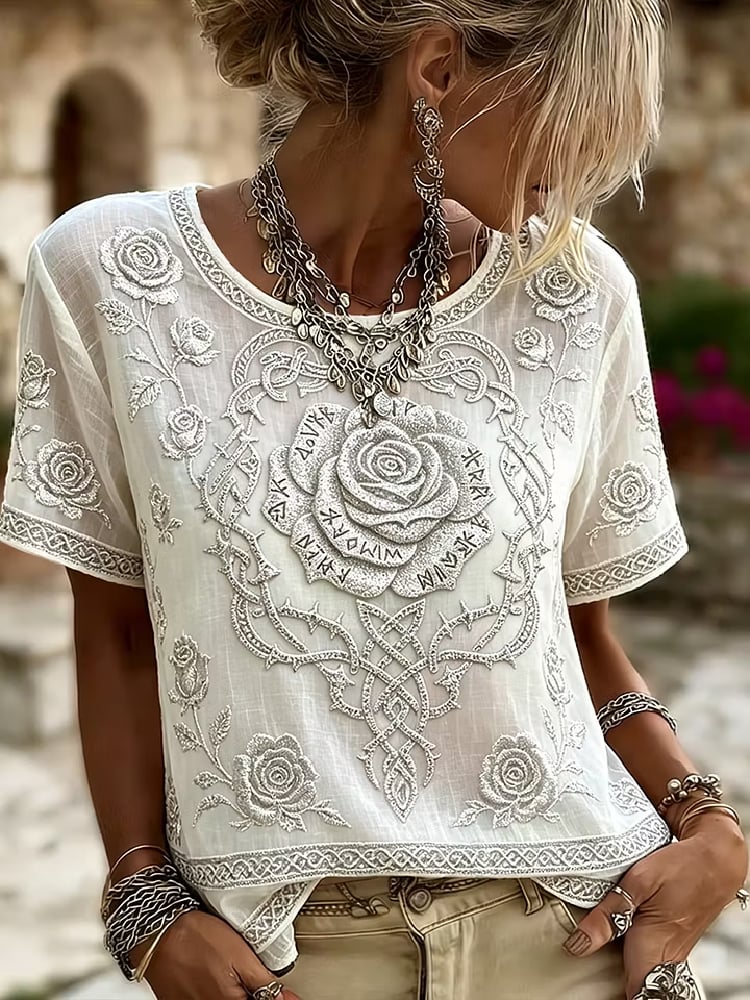 Women's Casual Retro Short-Sleeve Top with Floral Breast Cancer Awareness Print