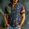 Men's Sun, Moon And Stars Color Block Short-sleeve Cotton Linen Polo Shirt