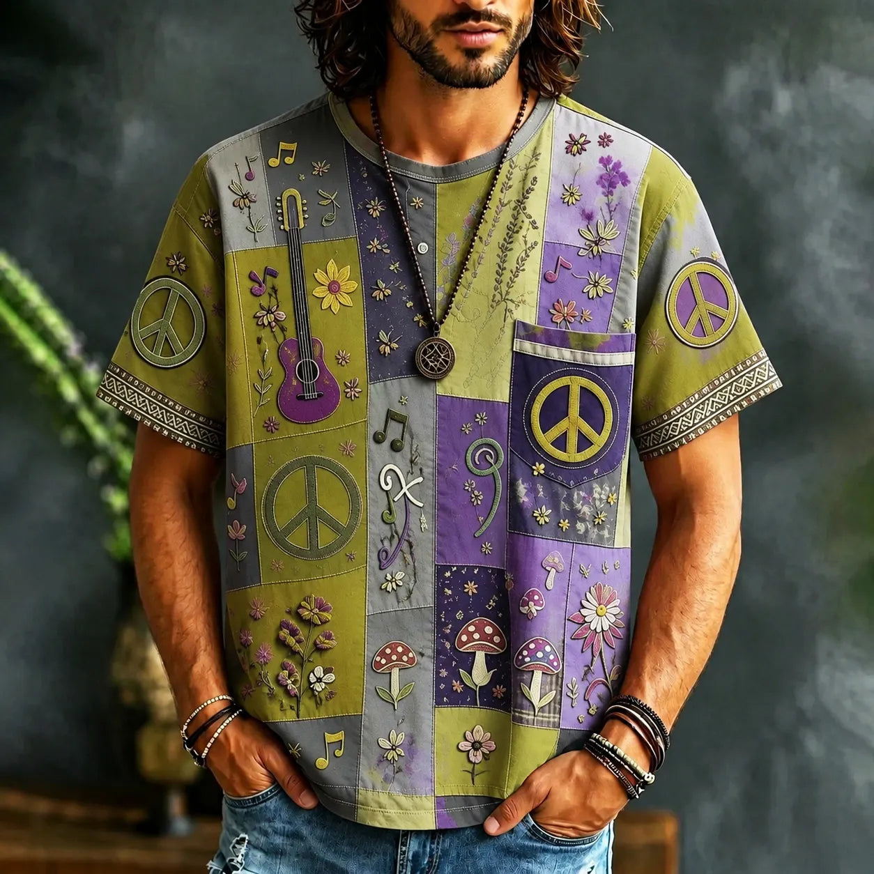 Men's Peace Sign And Guitar Hippie Patchwork Print Casual T-shirt