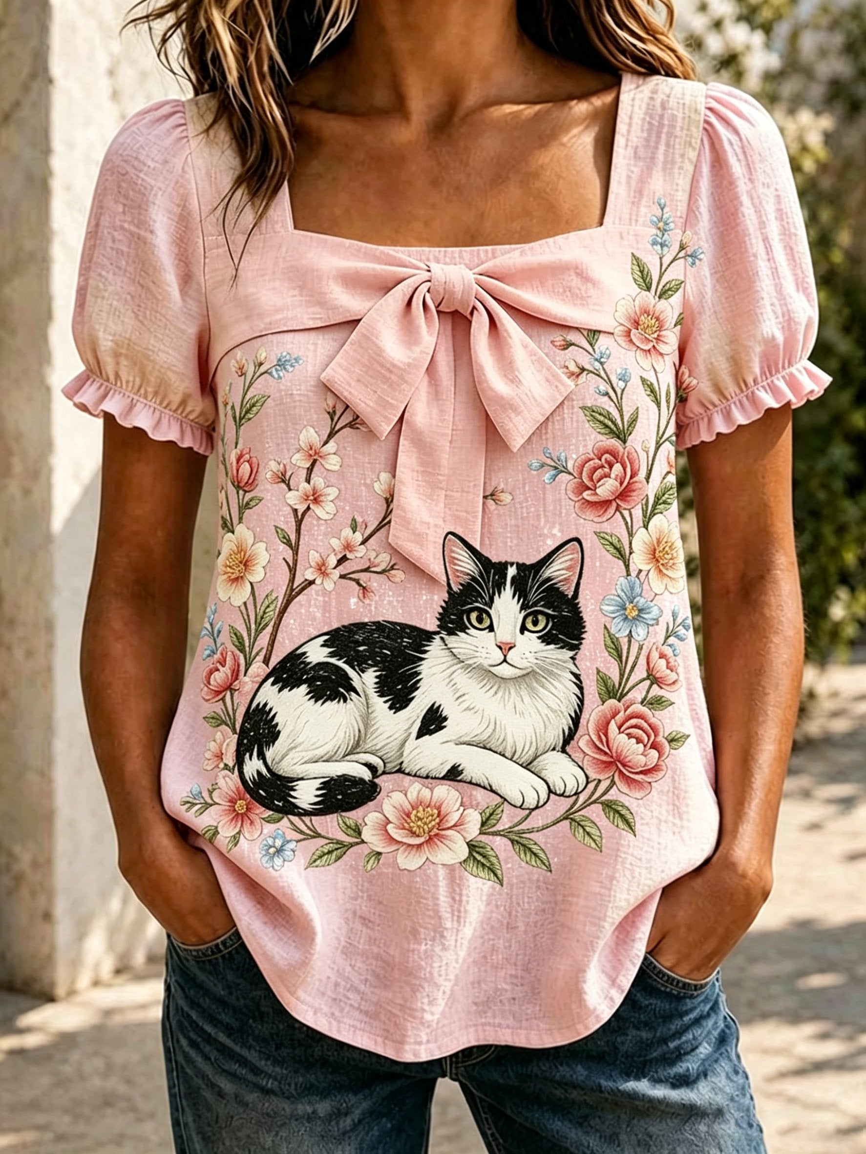 Women's Retro Retro Pink Cat Flowers Art Printed Casual Bow Shirt