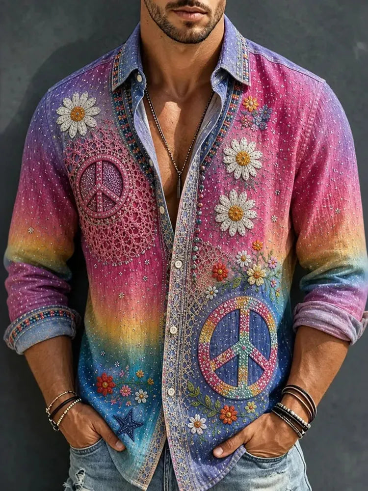 Men's Retro Hippie Style Floral Peace Sign Art Printed Cotton Linen Shirt