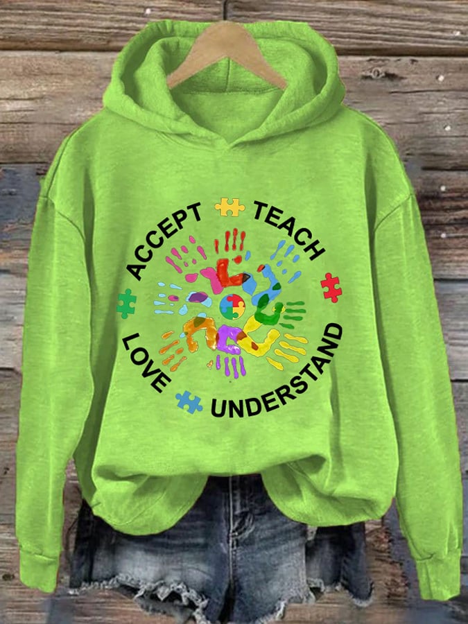 Women's Autism Teach Love Understand Print Hoodie