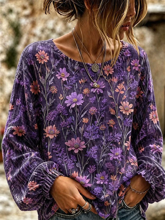 Women's Purple Floral Print Long-Sleeve Top