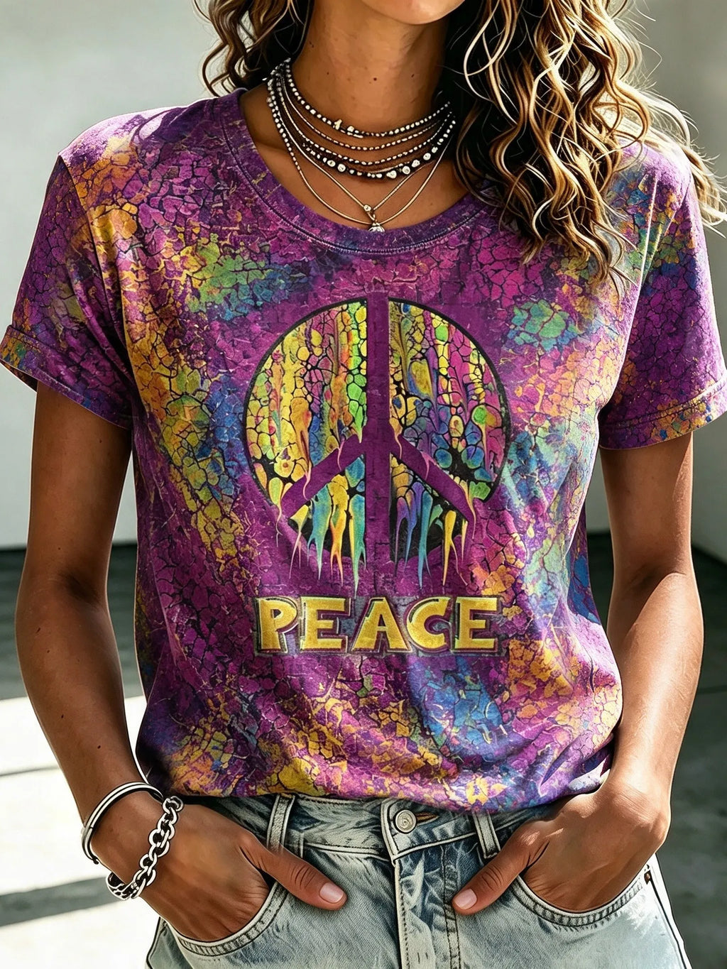 Women's Retro Hippie Peace Sign Print T-shirt