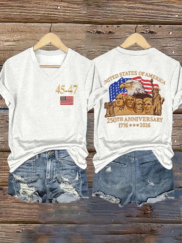 45-47 250th Anniversary 1776-2026 Pattern Print V Neck Casual T-Shirt