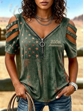 Women's Western Independence Day Star Flag Printed Zipper T-shirt