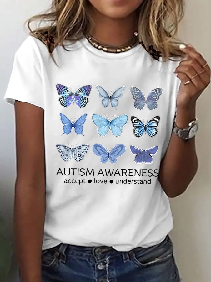 Women's Retro Autism Awareness Accept Love Understand Print T-Shirt