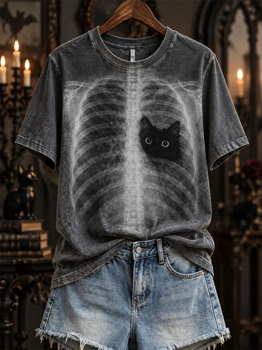 Women's Halloween Peeking Black Cat X-ray Rib Cage Print Short-sleeved T-shirt