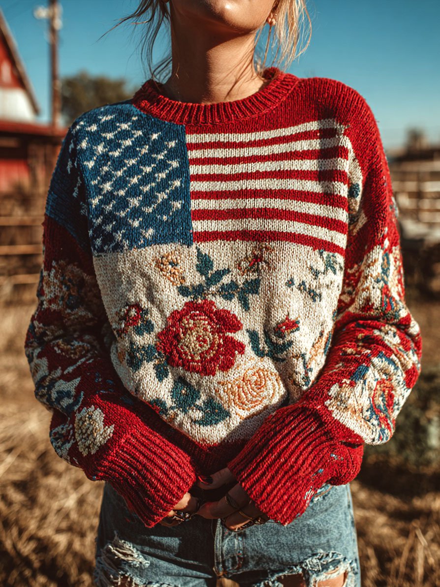 Women's Patriot American Founding 250th Anniversary Printed Knit Crew Neck Long-Sleeve Top