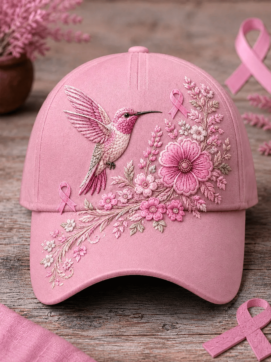 Unisex  Pink Floral & Hummingbird Print Breast Cancer Awareness Support Hat