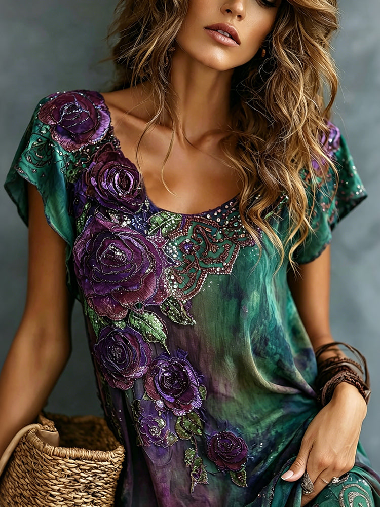 Women's Vintage Romantic Floral Art Linen Blend T-shirt
